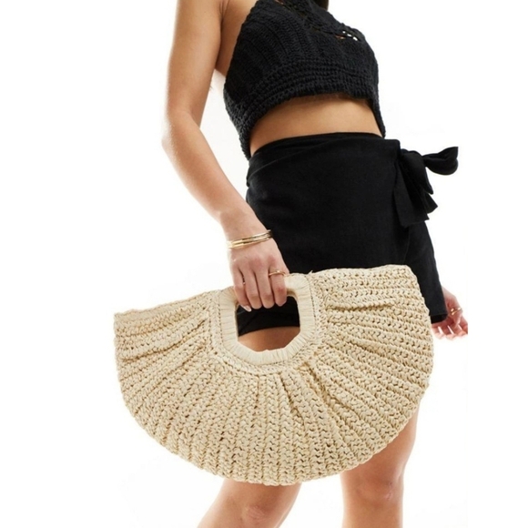 Ramla Handbags - Ramla▪️Rafia Bag Half Moon Woven Straw Clutch Boho Beachy